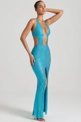 Embellished Cut-Out Halterneck Maxi Dress in Aqua Blue