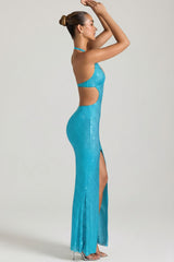Embellished Cut-Out Halterneck Maxi Dress in Aqua Blue