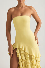 Ruffle-Trim Strapless Gown in Pastel Yellow