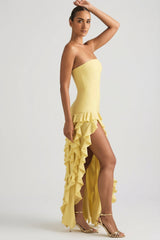 Ruffle-Trim Strapless Gown in Pastel Yellow