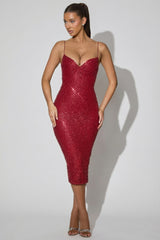 Embellished Sweetheart-Neck Midi Dress in Red