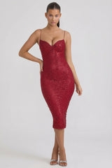 Embellished Sweetheart-Neck Midi Dress in Red