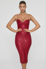 Embellished Sweetheart-Neck Midi Dress in Red