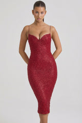 Embellished Sweetheart-Neck Midi Dress in Red