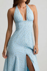 Halterneck Midaxi Dress in Blue Flower Print