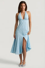 Halterneck Midaxi Dress in Blue Flower Print