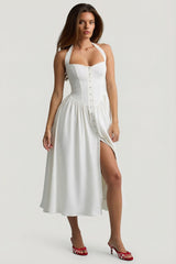 Button-Detail Halterneck Midaxi Dress in White