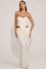 Embellished Cut-Out Draped Corset Gown in White