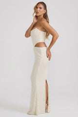Embellished Cut-Out Draped Corset Gown in White