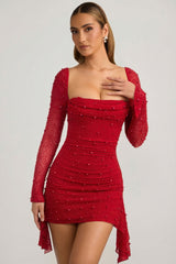 Embellished Cowl-Neck Draped Mini Dress in True Red