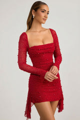 Embellished Cowl-Neck Draped Mini Dress in True Red
