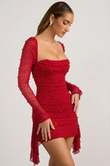 Embellished Cowl-Neck Draped Mini Dress in True Red